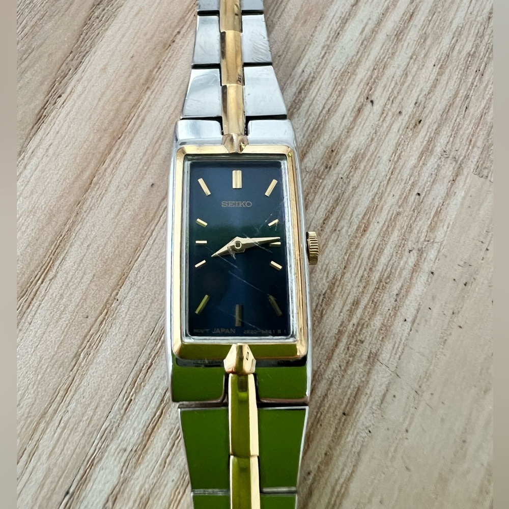 Seiko Ladies Two-Tone Bracelet Blue Rectangular Dial Dress Watch NEW BATTERY